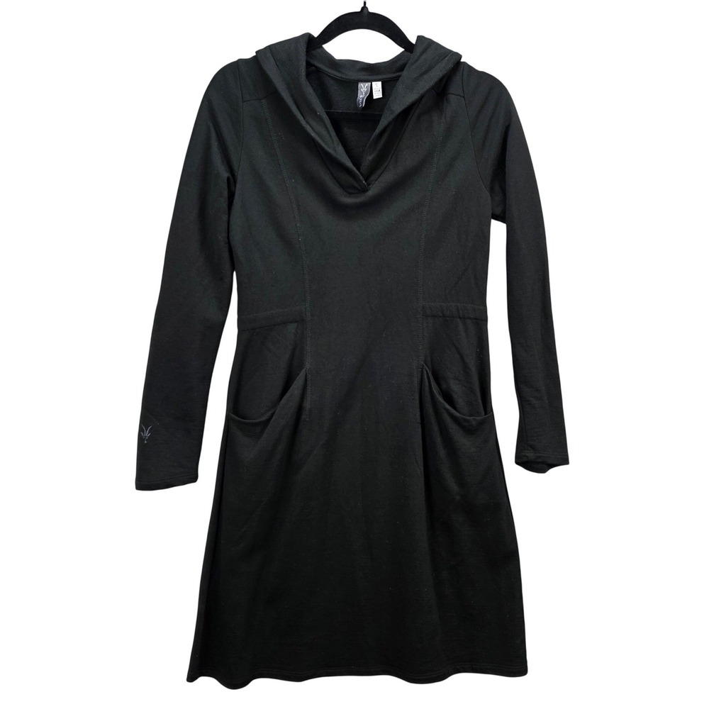 Ibex Womens Black 100% Merino Wool Long Sleeve Dress with Pockets Shawl Collar S